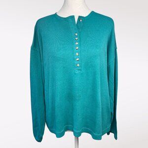 Vintage 80s Sears Teal Henley Long Sleeve Knit Top Large